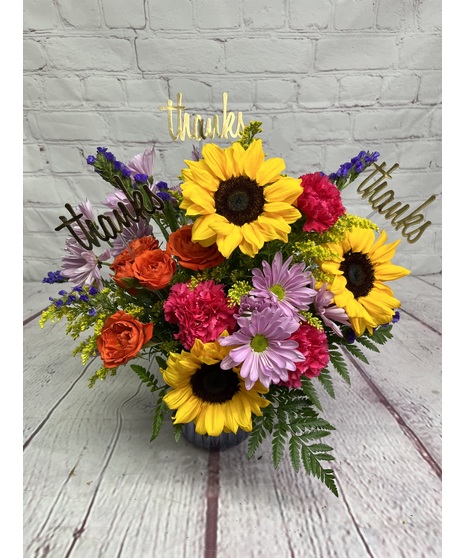 vivid sunflower arrangement with candle & cookie gift set