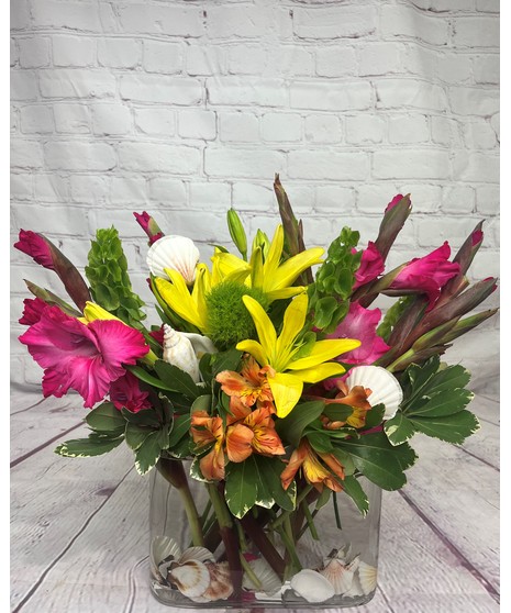 colorful floral arrangement with gladiolus and lilies